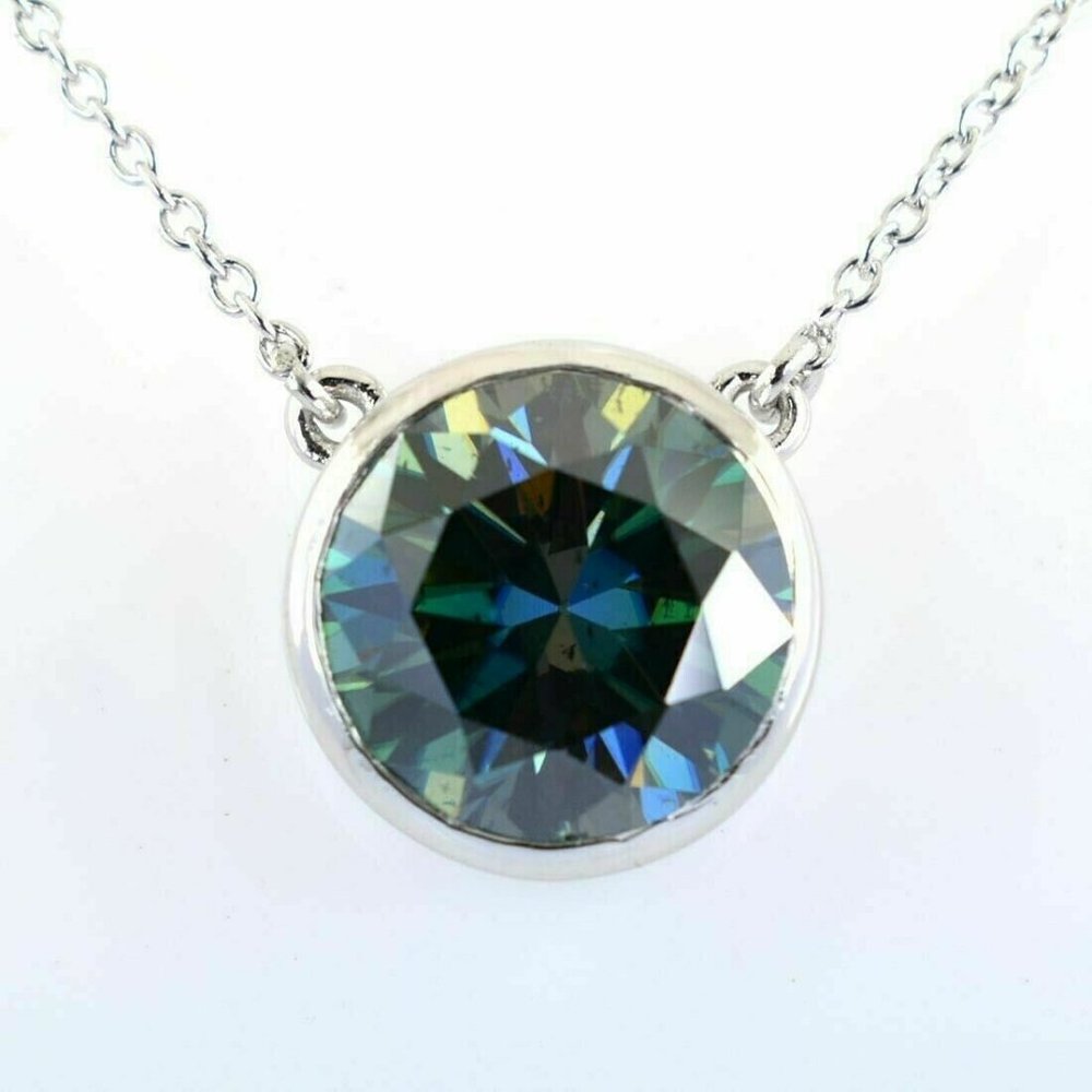 Blue Diamond Solitaire Pendant Bezel Set Necklace